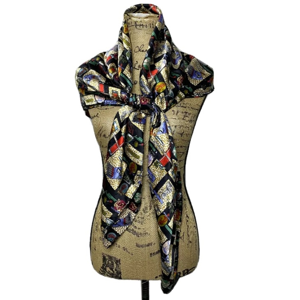 Nicole Miller Black Multi Color Square Silk Scarf